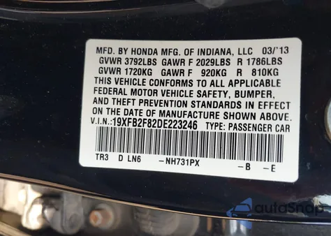 2013 Honda Civic Ex from USA, damaged, VIN 19XFB2F82DE223246
